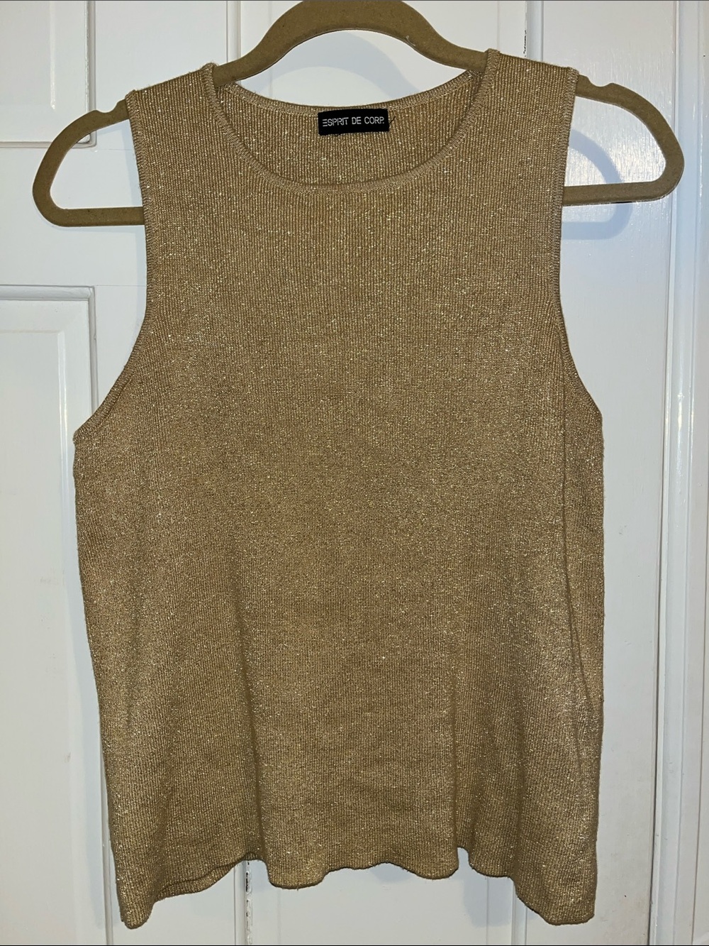 Vintage 90s Y2K Esprit De Corp. Gold Metallic Shimmer Knit Tank Top EUC